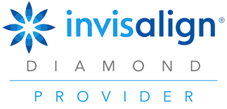 Invisalign Diamond Provider logo with a blue starburst icon, the word Invisalign, and 'DIAMOND PROVIDER' in uppercase text.